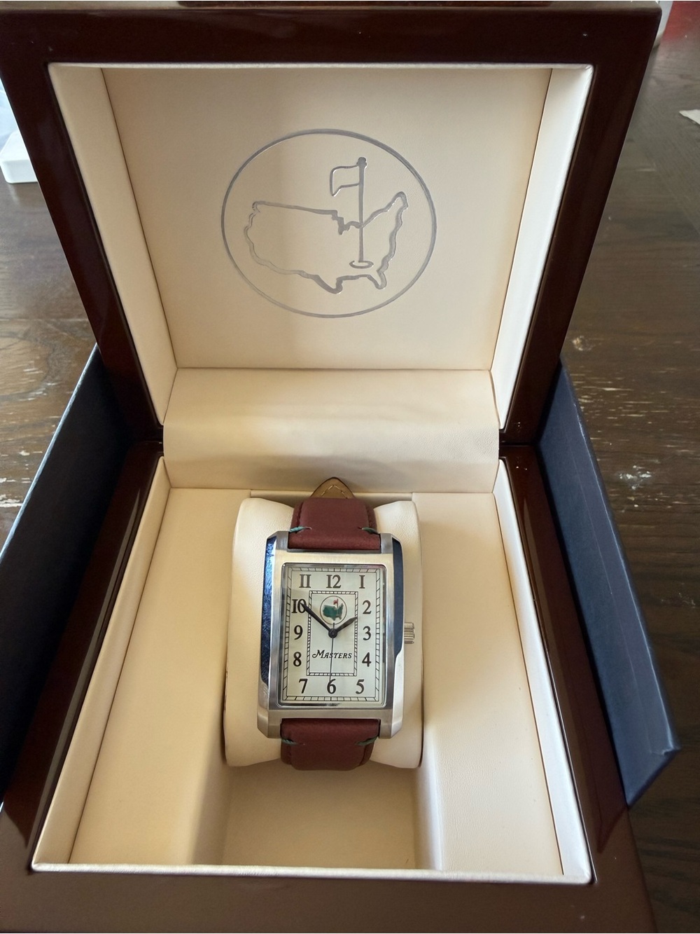 Masters Men's Rectangular Watch with Brown Leather Strap and Silver Case